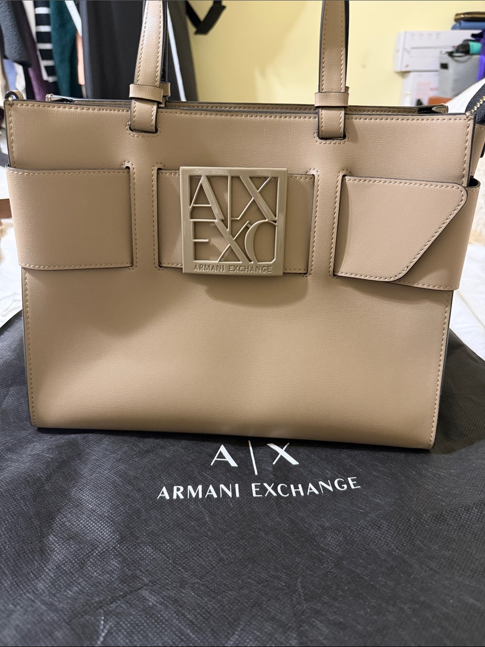 Armani Exchange Structured Taupe Tote with Logo Plaque